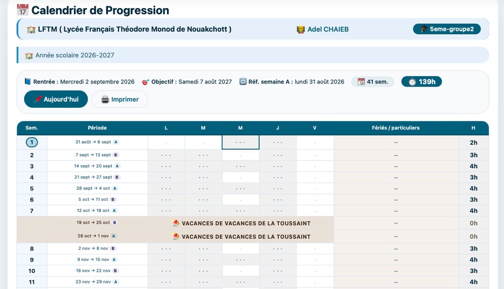 Calendrier de progression annuel, semaine par semaine